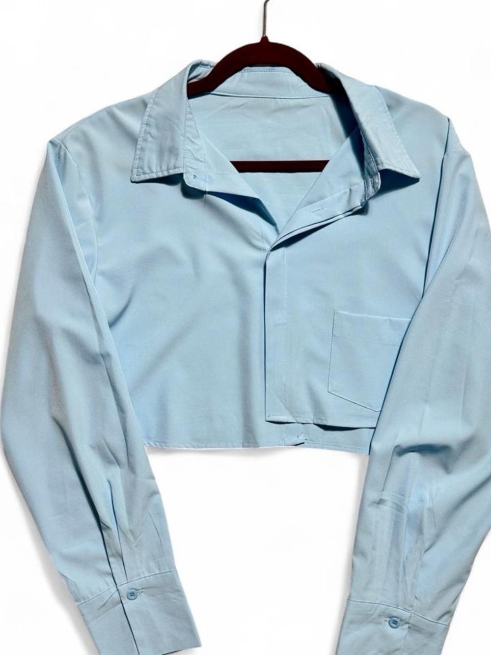 Baby Blue Cropped Long Sleeve Button-Down Shirt Asymmetric Crop Top Medium